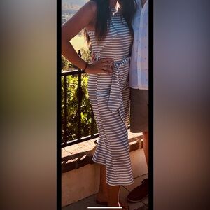 Striped Gray and White Wide Leg Jumpsuit- Medium